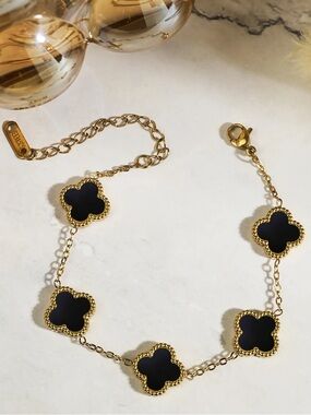 Gold stainless Clover Link Bracelet with Black Inlay - Women Jewelry